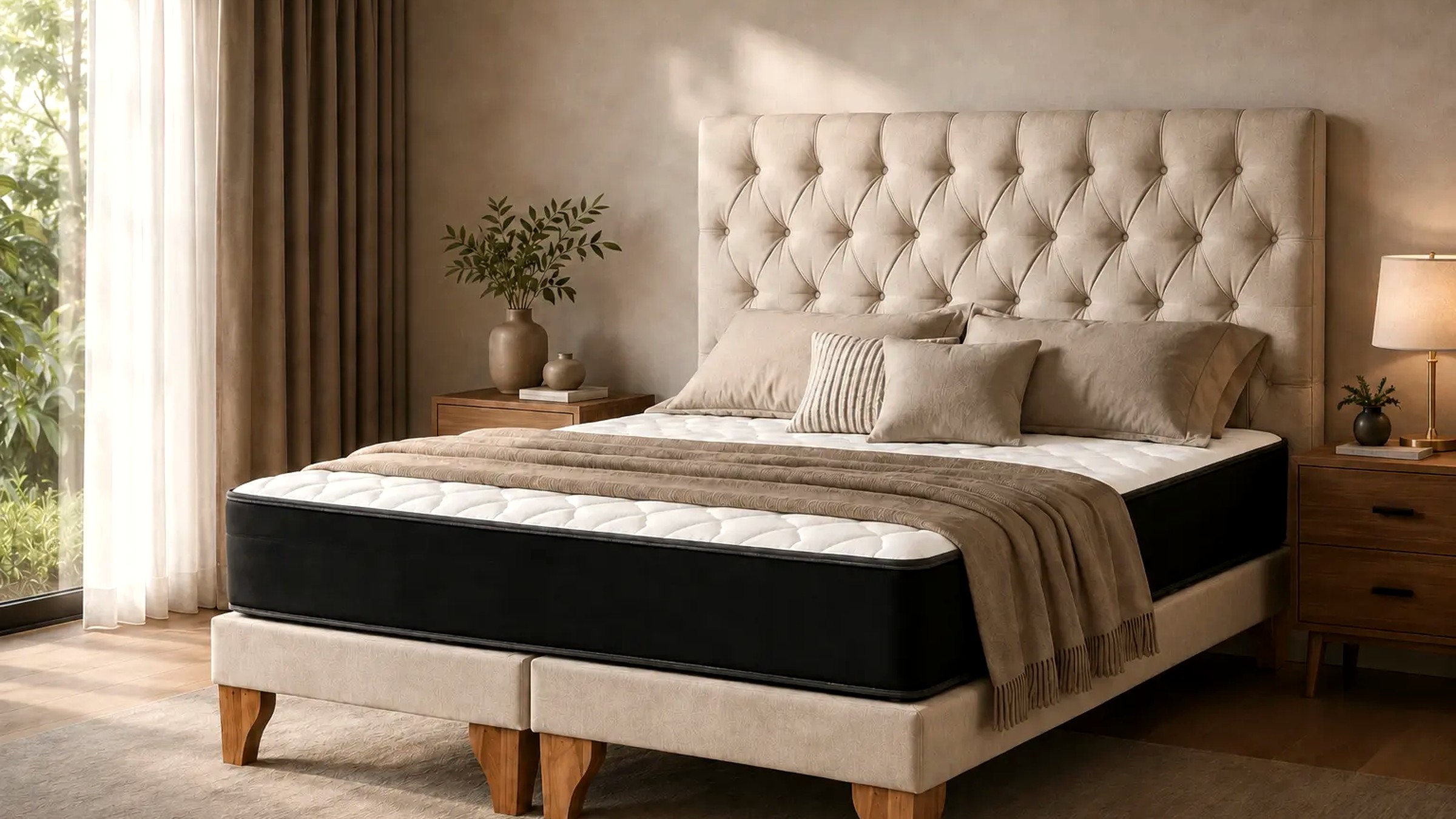 Cama Balance con respaldo capitoné en tapiz beige, base dividida en dos módulos, colchón de lateral negro y patas de madera