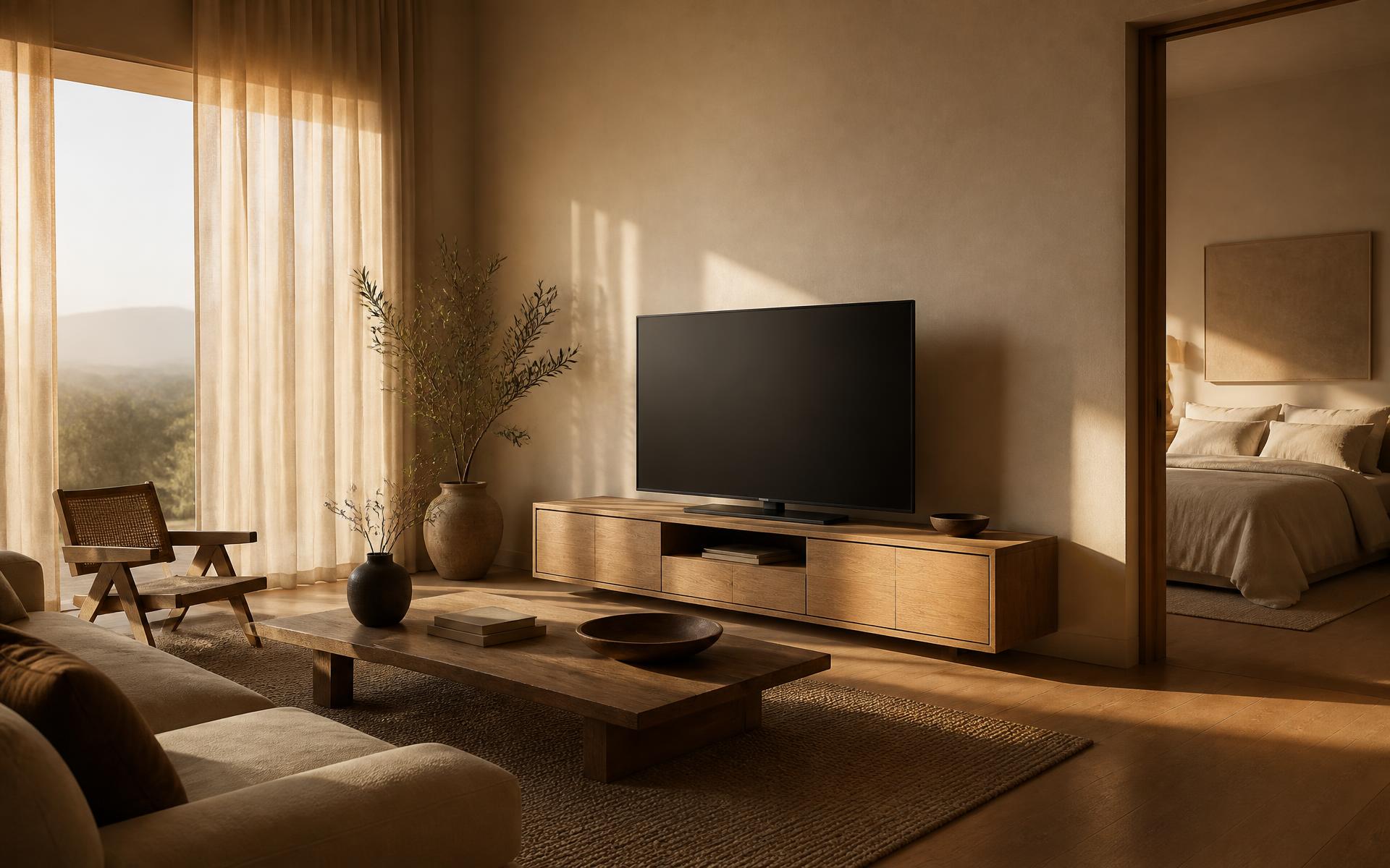 Living contemporáneo con luz cálida y mobiliario en tonos neutros